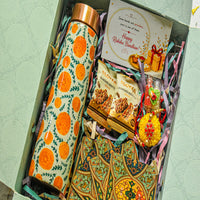 Premium Rakhi Gift Box- Marigold Copper Bottle +MDF Coaster Flora Set Of 4