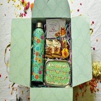 Premium Rakhi Gift Box- Green Floral Bottle+ Green Floral 1tier Lunchbox