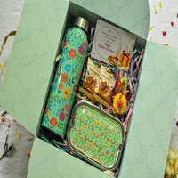 Premium Rakhi Gift Box- Green Floral Bottle+ Green Floral 1tier Lunchbox