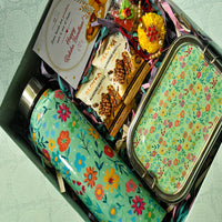 Premium Rakhi Gift Box- Green Floral Bottle+ Green Floral 1tier Lunchbox