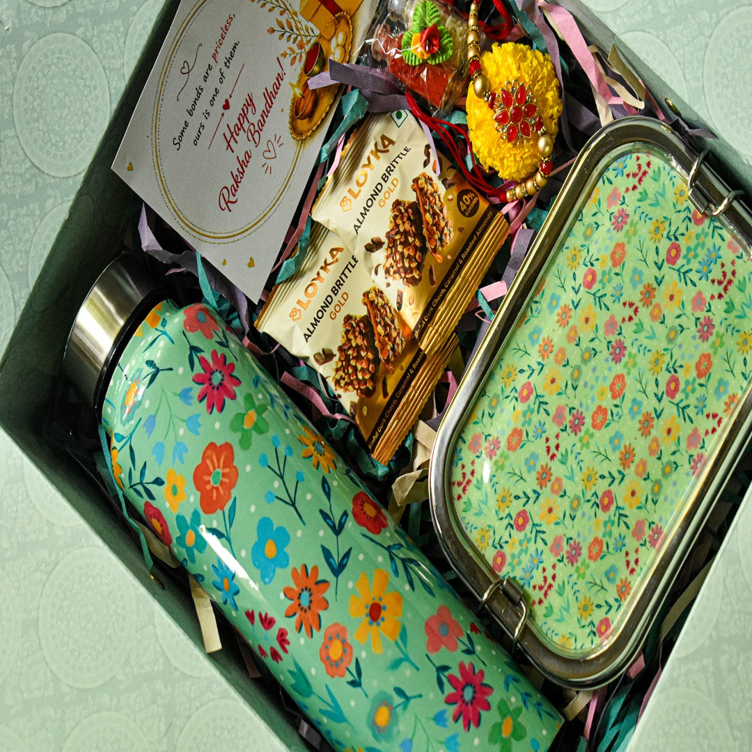 Premium Rakhi Gift Box- Green Floral Bottle+ Green Floral 1tier Lunchbox