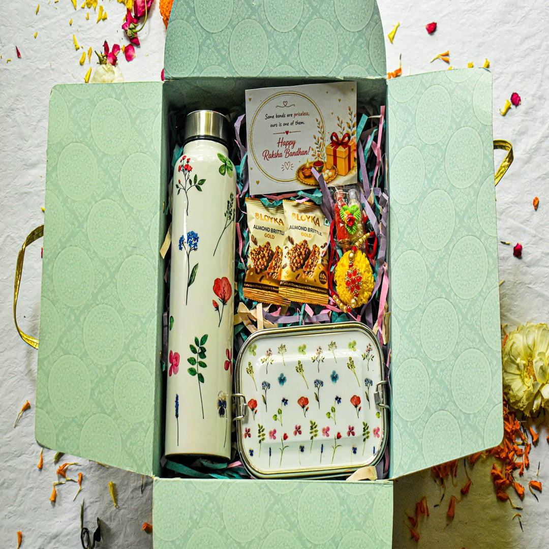 Premium Rakhi Gift Box- Floral Bottle+Floral 1tier Lunchbox