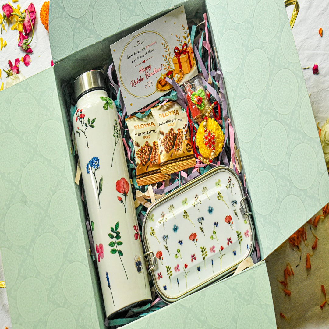Premium Rakhi Gift Box- Floral Bottle+Floral 1tier Lunchbox