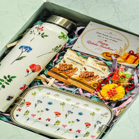 Premium Rakhi Gift Box- Floral Bottle+Floral 1tier Lunchbox