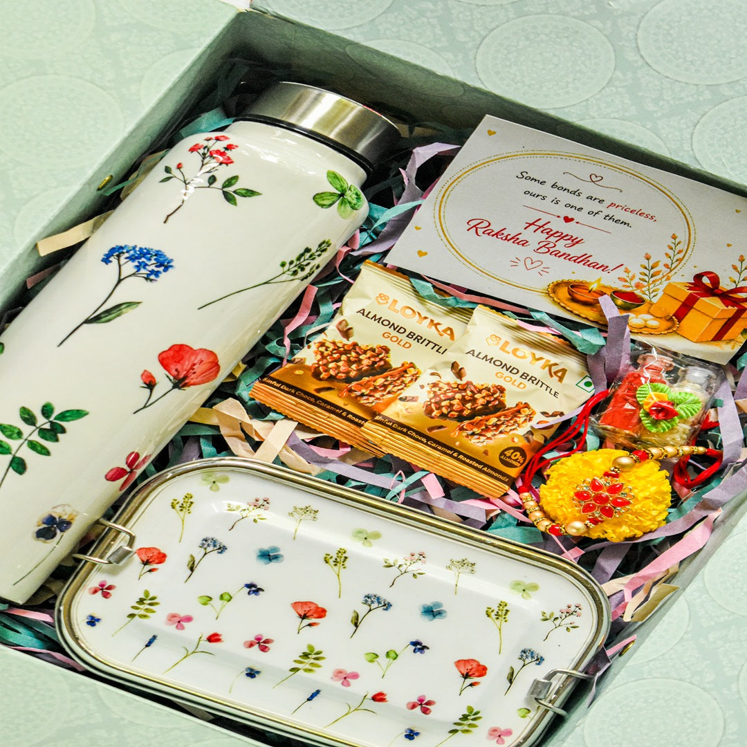 Premium Rakhi Gift Box- Floral Bottle+Floral 1tier Lunchbox