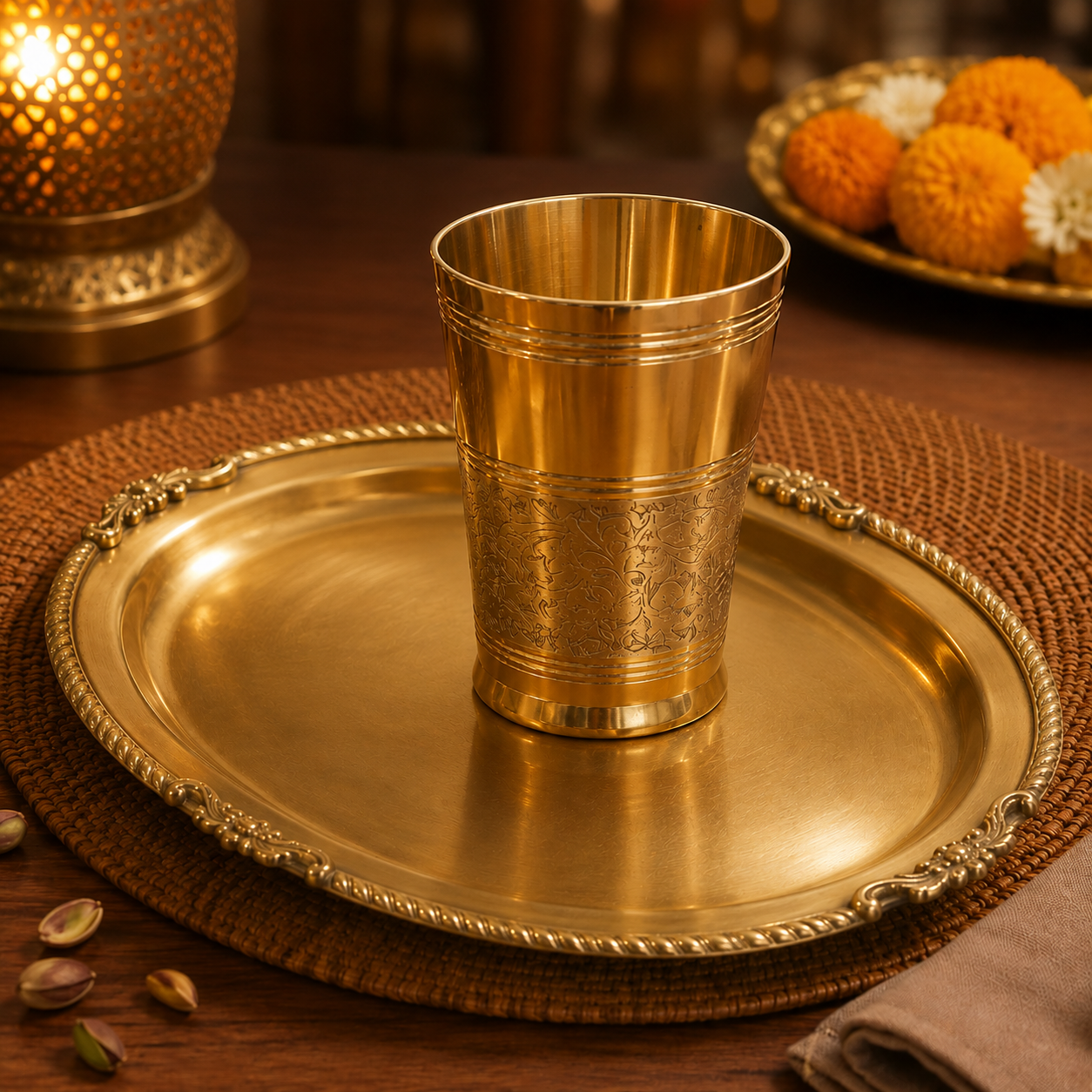 Elegant Brass Glass & Oval Tray Festive Gift Combo Set