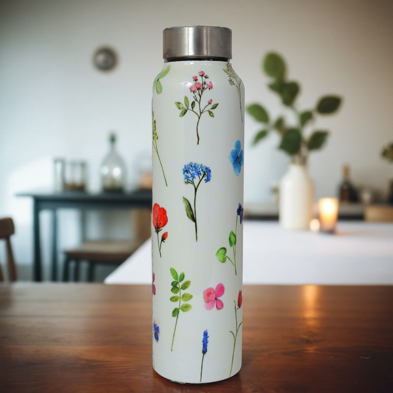 Handcrafted Eco-Friendly Meenakari Stainless Steel Bottle(1L)-White Floral