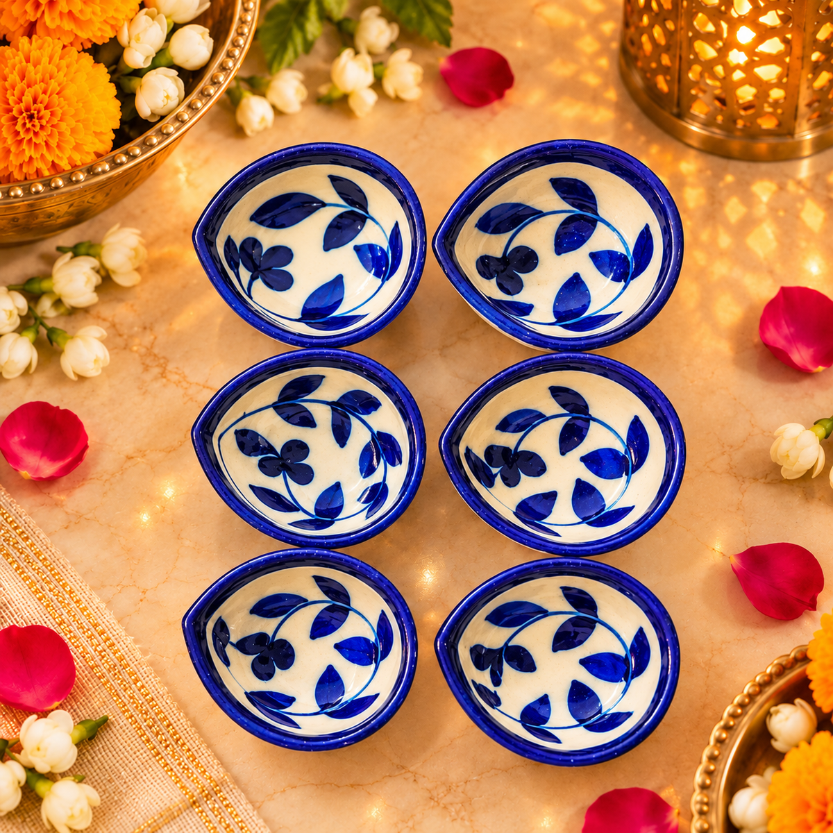 Handcrafted Blue Leaf Design Diya Set of 6