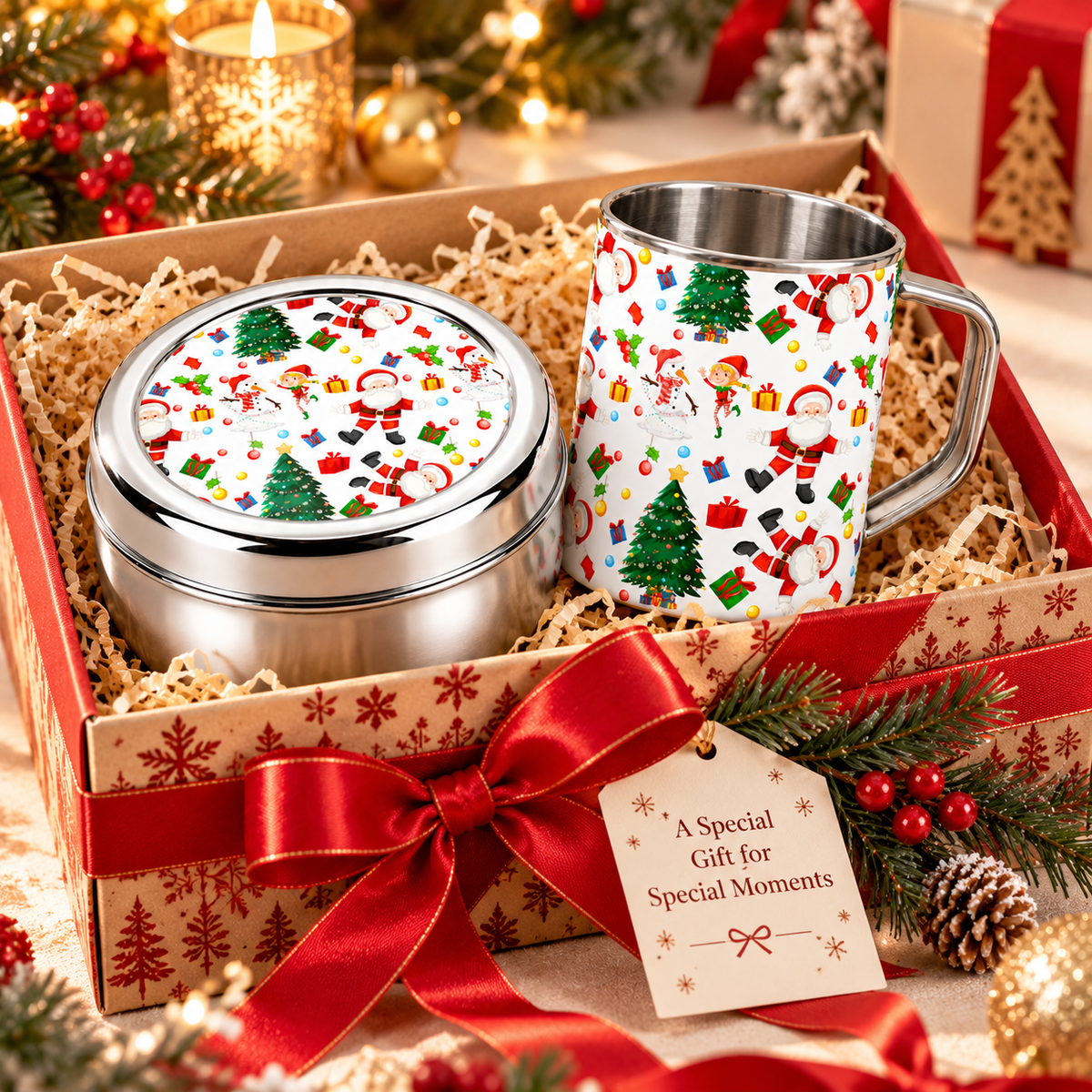 Santa’s Festive Combo – Steel Mug & Snacks Box