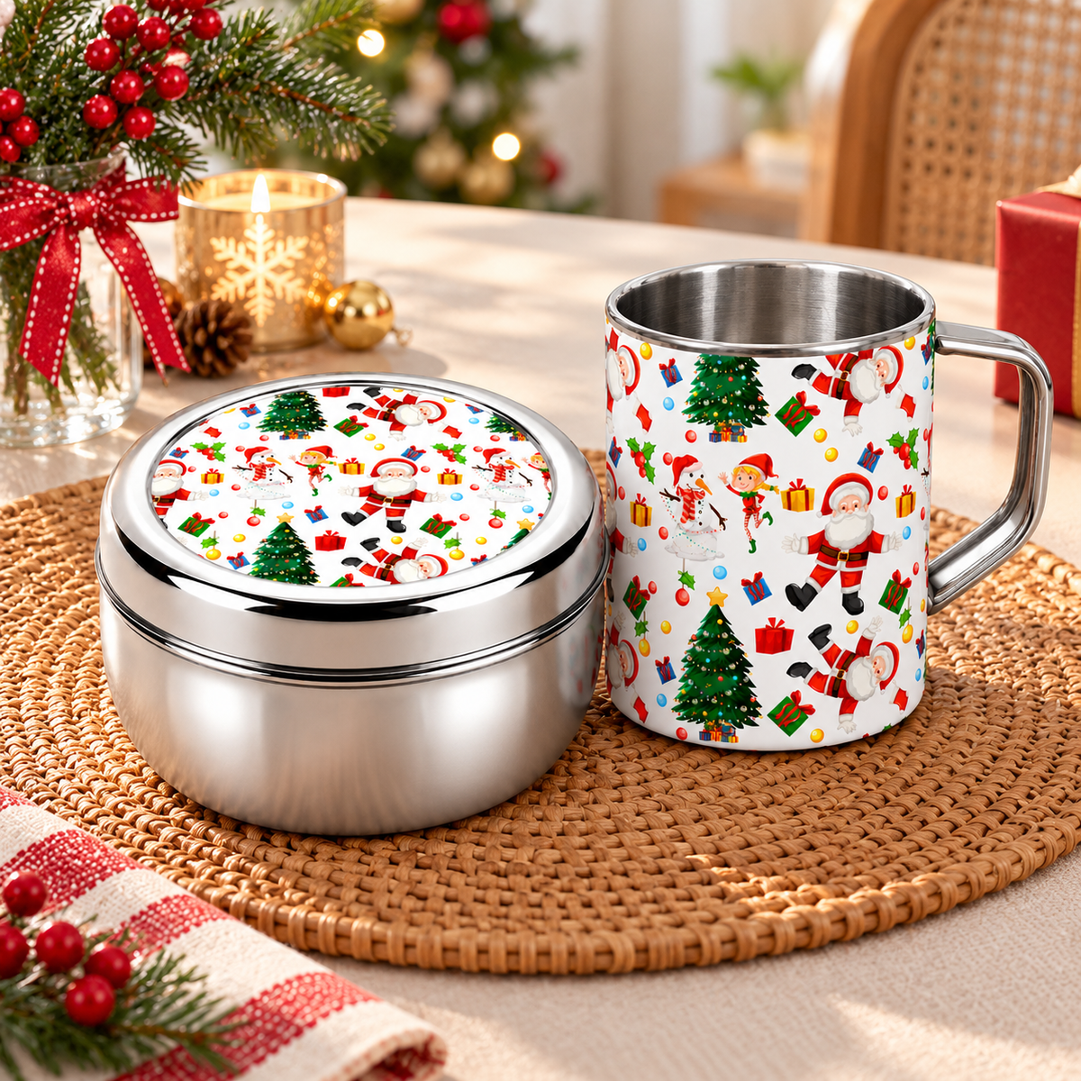 Santa’s Festive Combo – Steel Mug & Snacks Box
