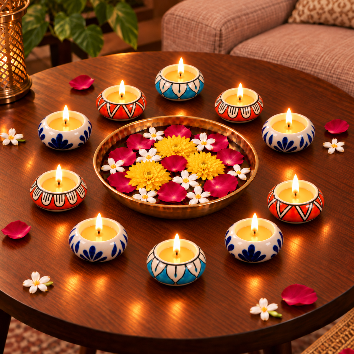 Multicolour Meenakari Ceramic Diya Set of 10