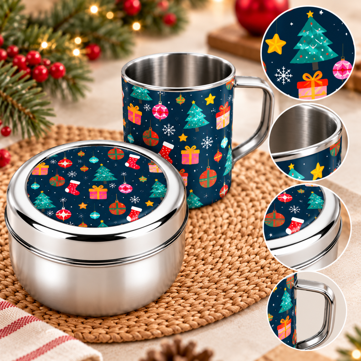 Santa’s Festive Combo – Steel Mug & Snacks Box