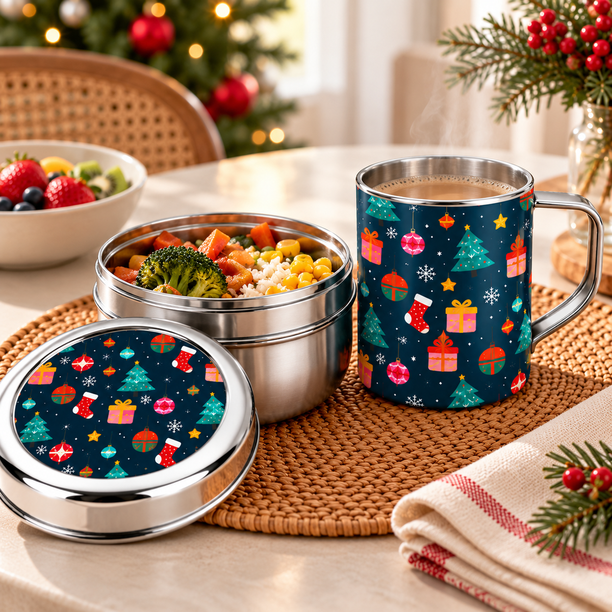 Santa’s Festive Combo – Steel Mug & Snacks Box