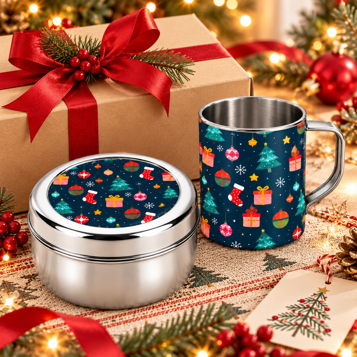 Santa’s Festive Combo – Steel Mug & Snacks Box