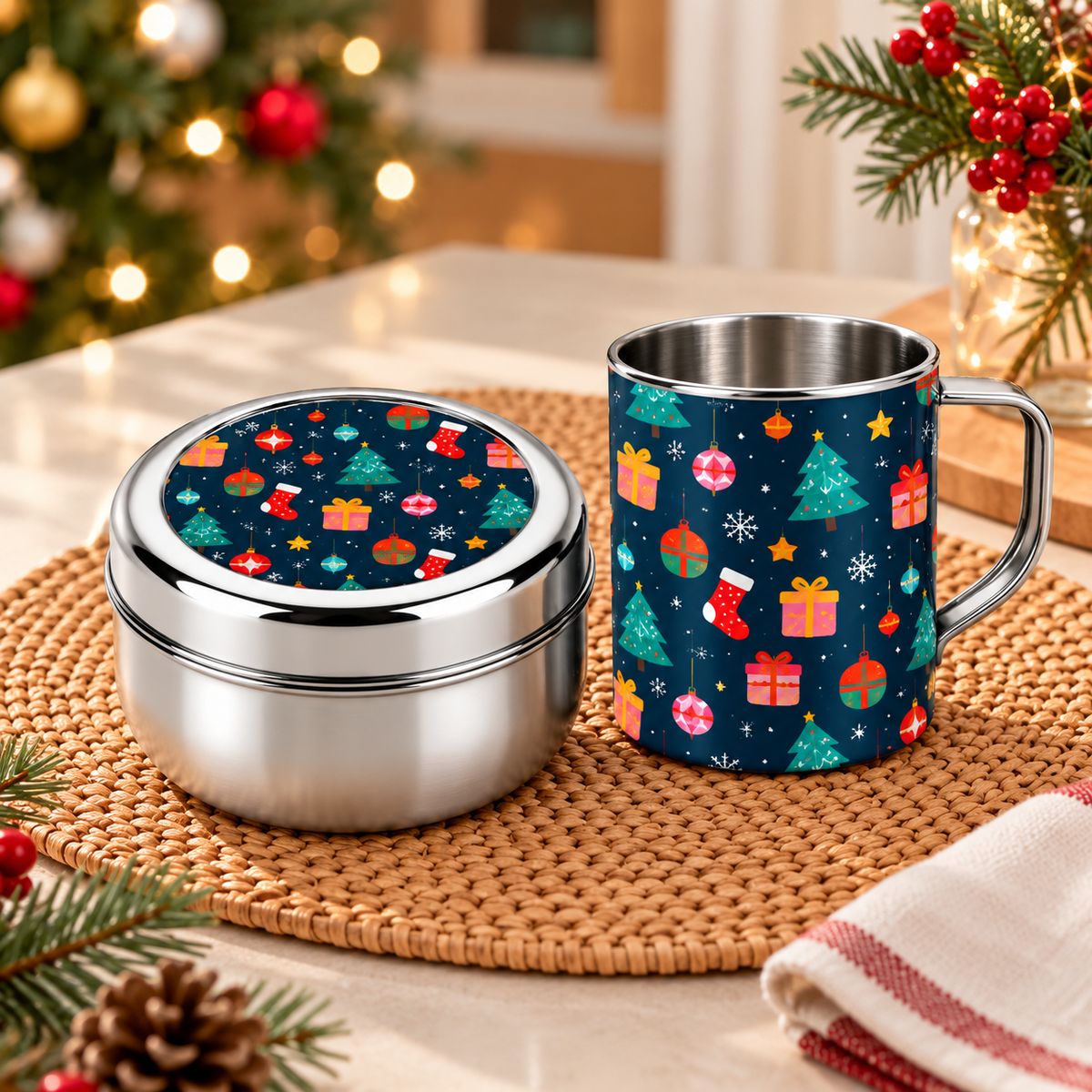 Santa’s Festive Combo – Steel Mug & Snacks Box