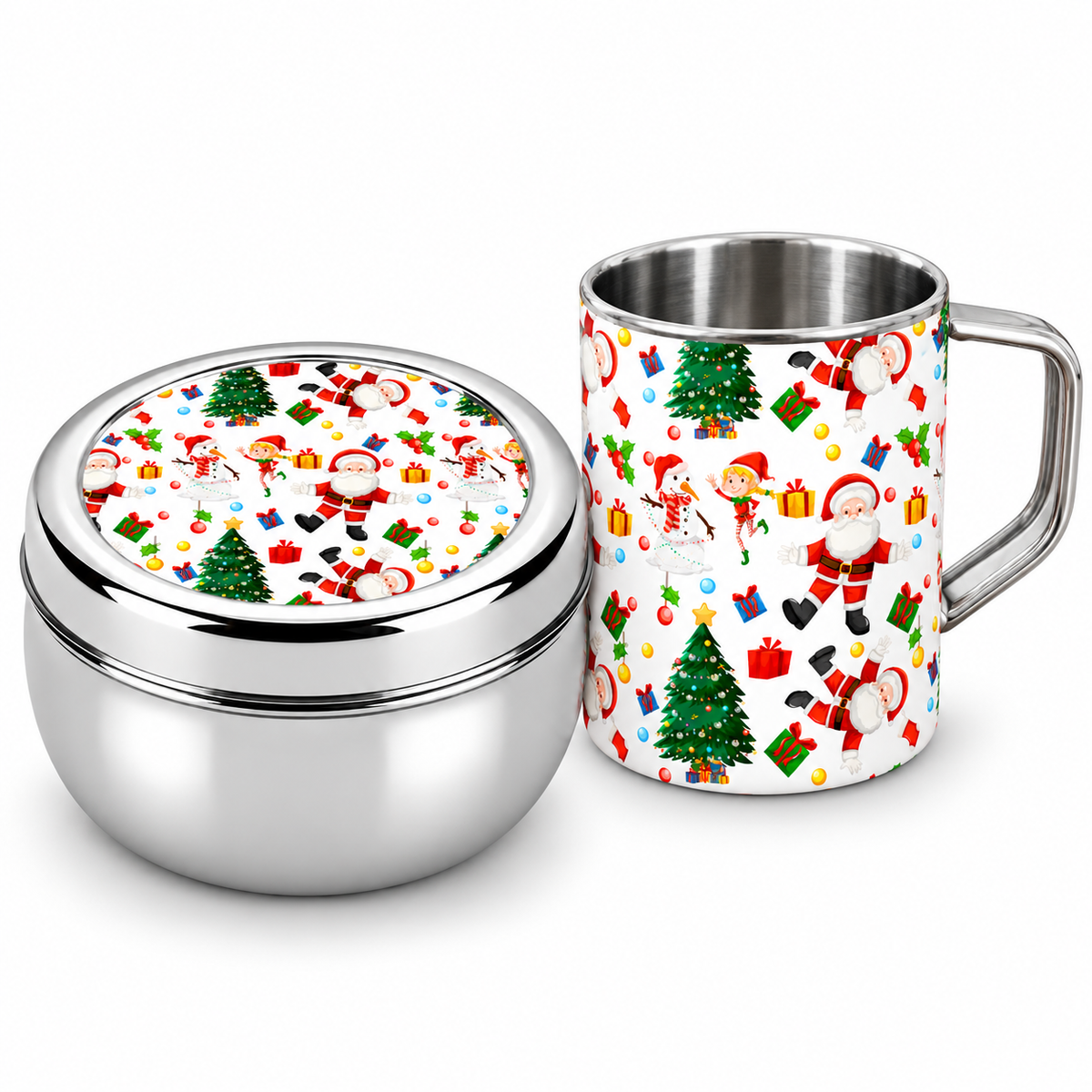 Santa’s Festive Combo – Steel Mug & Snacks Box