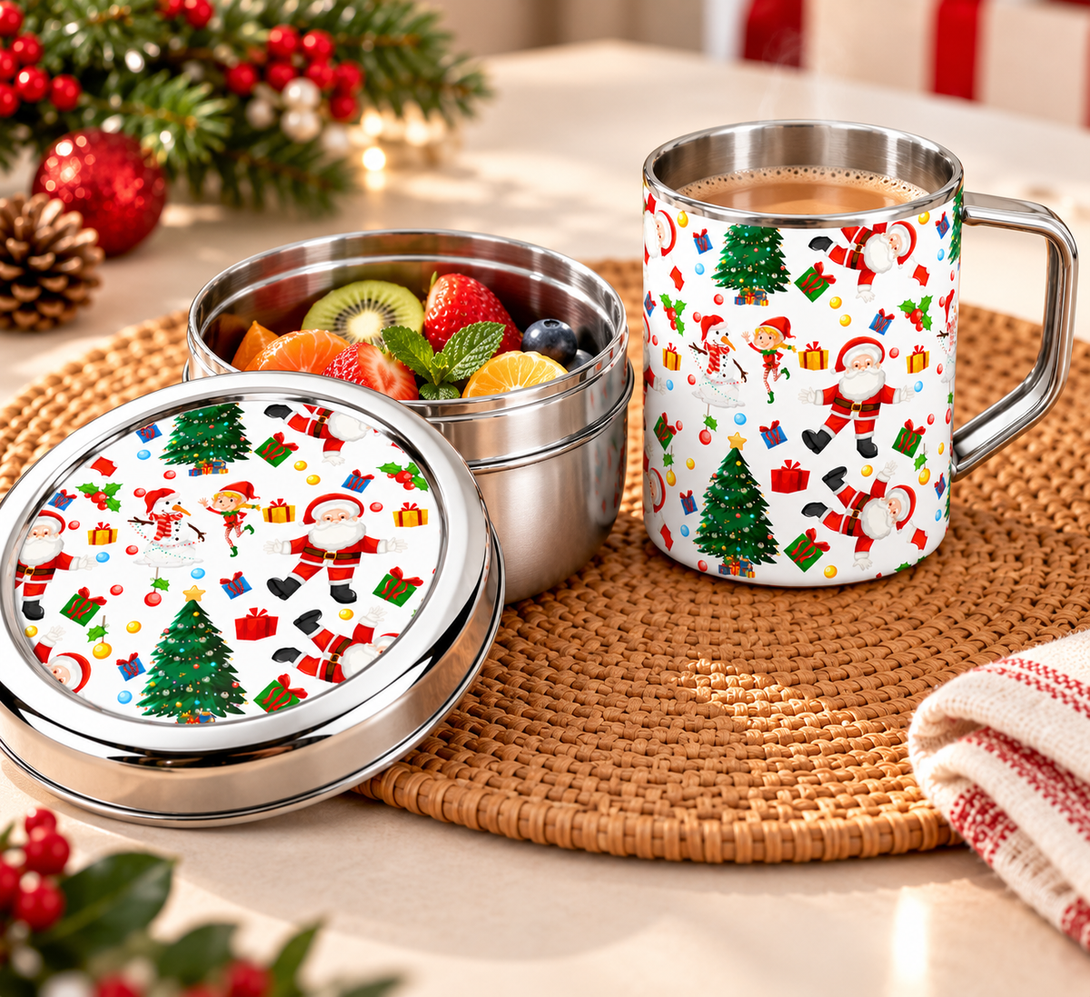 Santa’s Festive Combo – Steel Mug & Snacks Box
