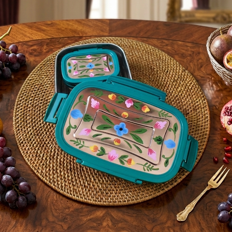 Handpainted Leak Proof Stainless Steel Lunch Box | Floral Printed Bento Tiffin for Kids & Office