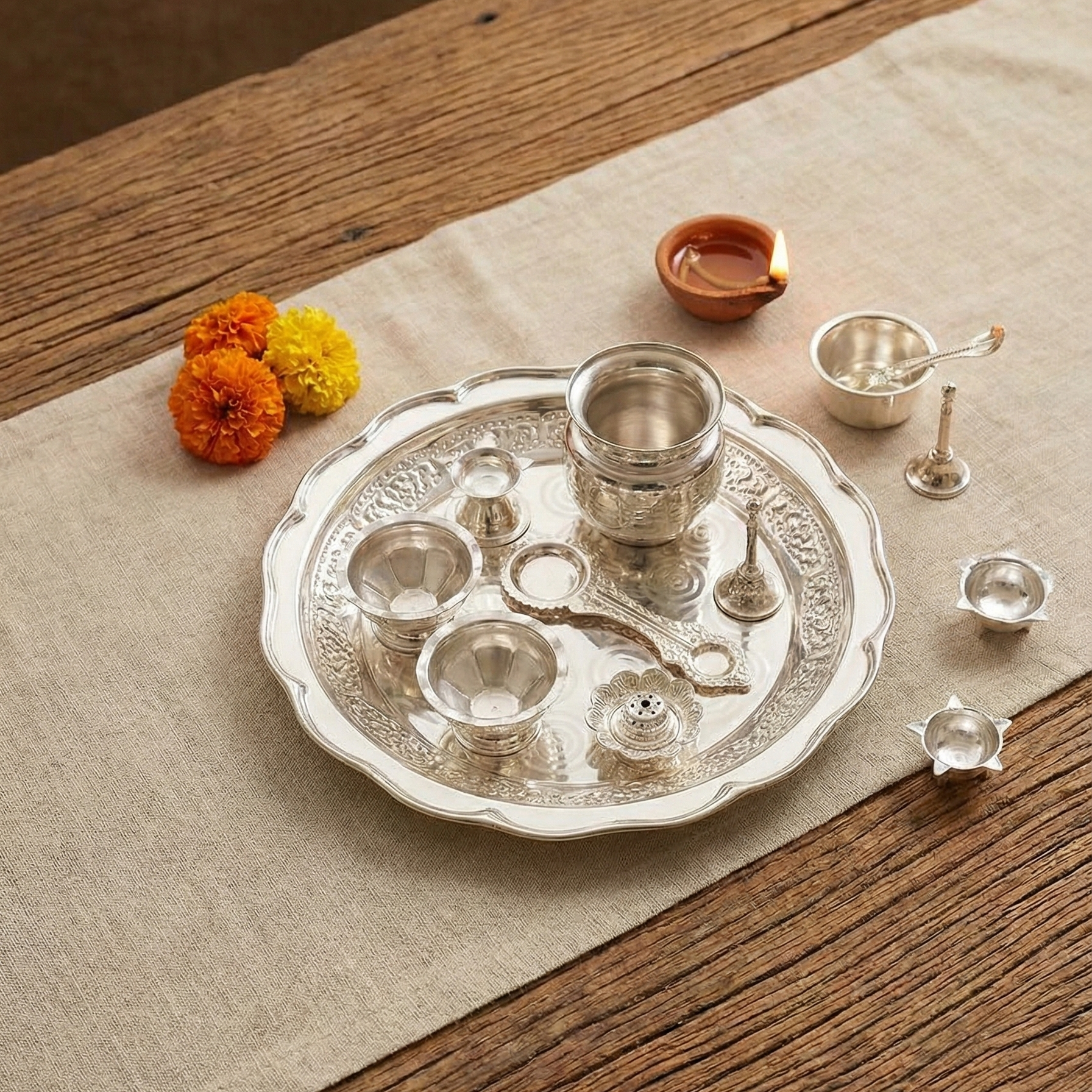 German Silver Pooja Thali Set with Kalash & Accessories for Home Temple