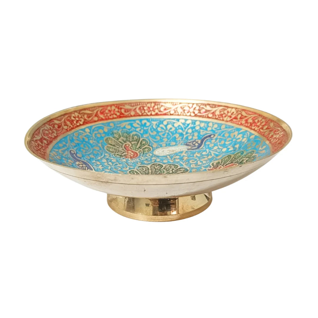 Handcrafted Brass Decorative Plate | Peacock & Floral Design Meenakari Artwork for Home Décor