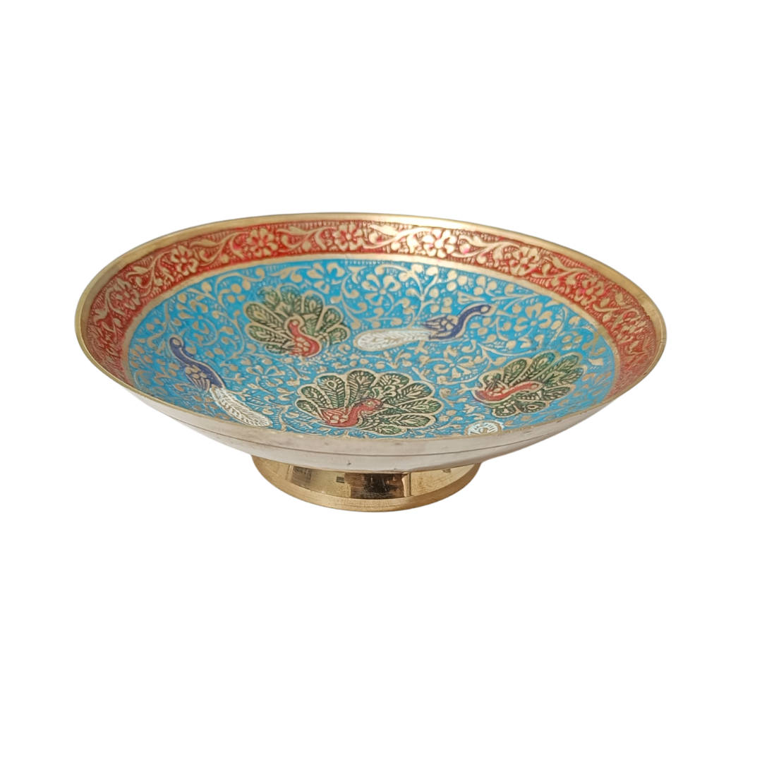 Handcrafted Meenakari Brass Serving Bowl | Peacock Design Decorative Dry Fruit Bowl