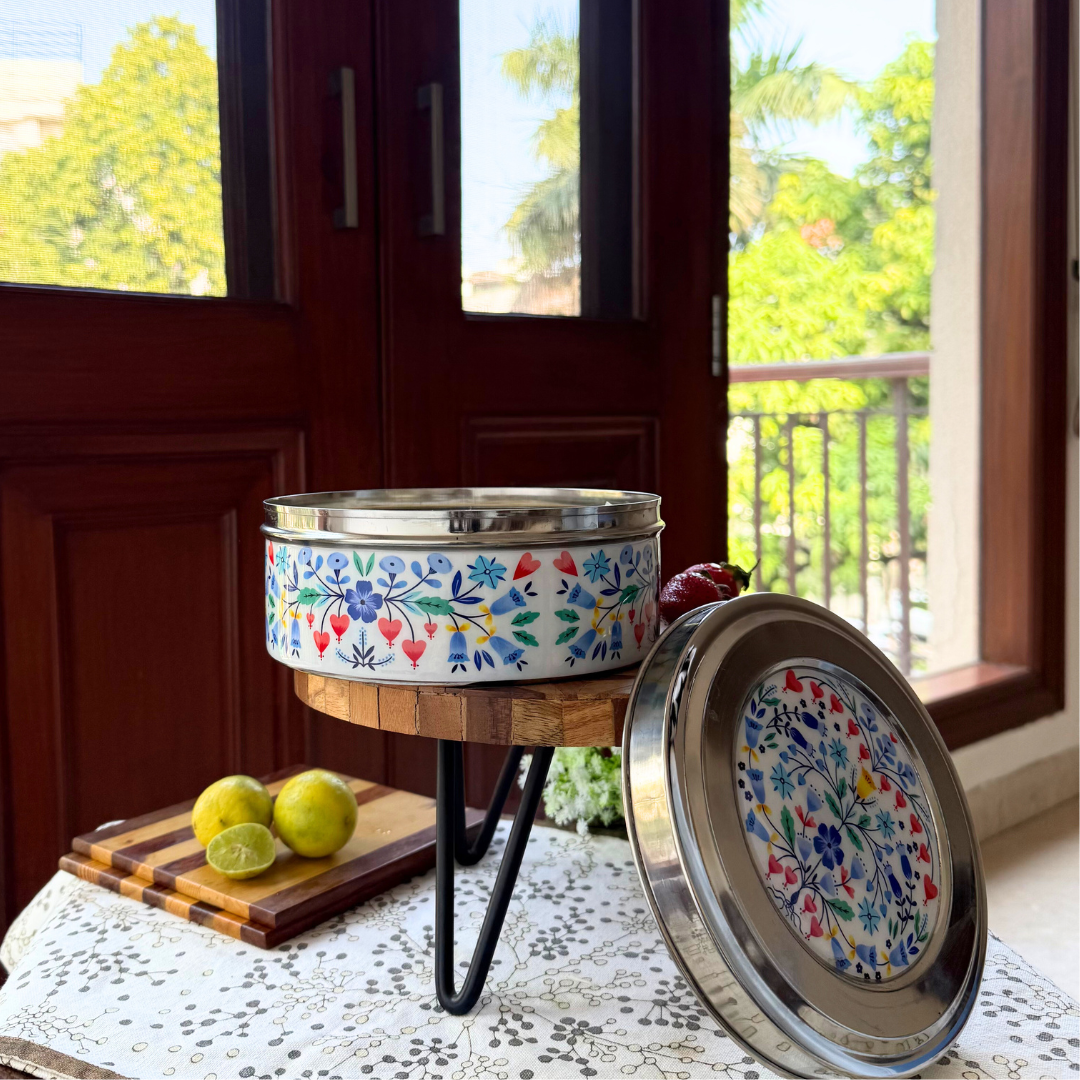Floral Printed Steel Storage Box with Airtight Lid for Sweets, Dry Fruits & Snacks