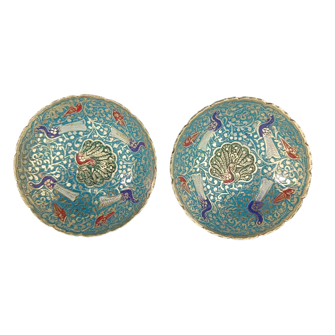 Handcrafted Meenakari Brass Bowls Set of 2 | Peacock Design Decorative Dry Fruit & Serving Bowls