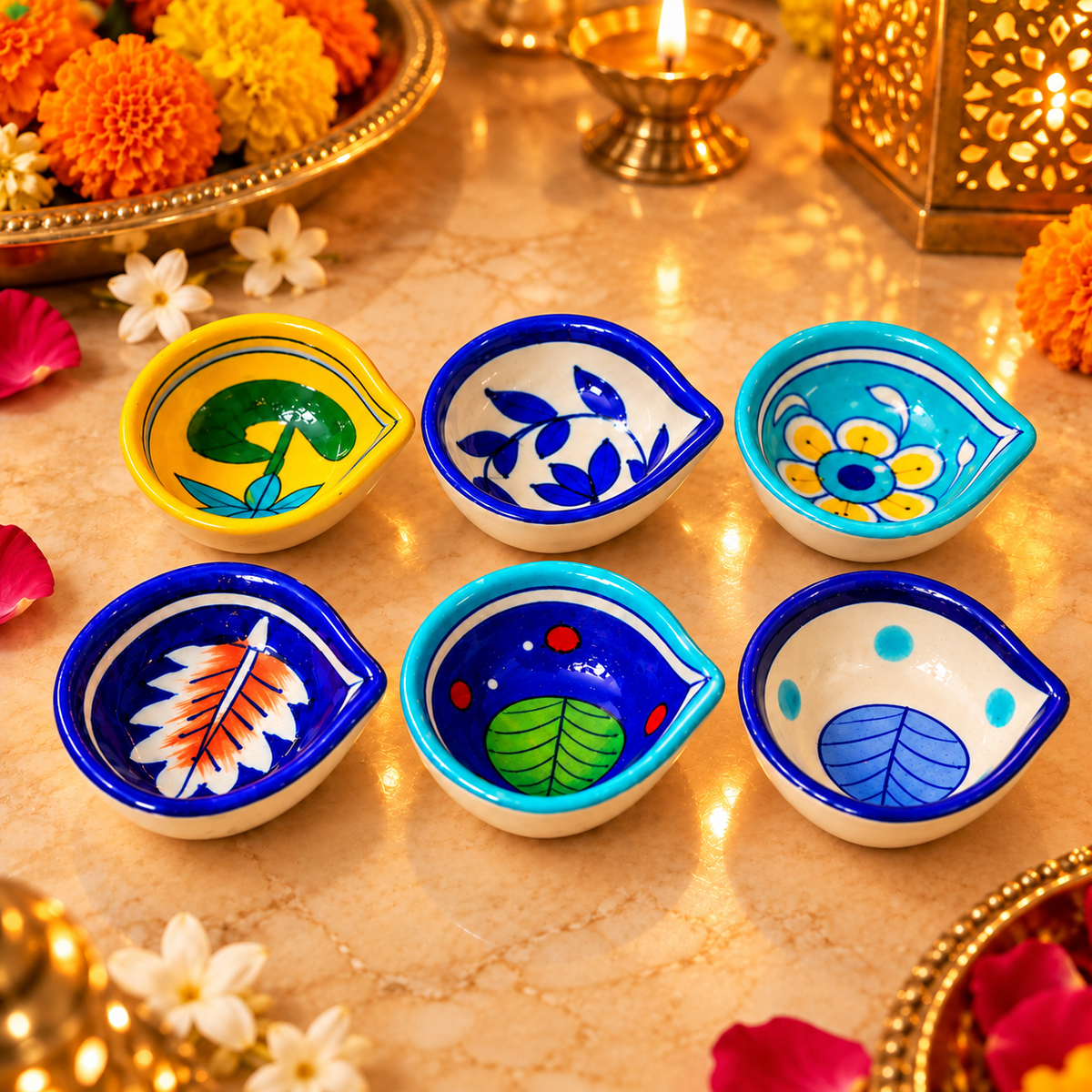 Handcrafted Multicolor Floral Diya Set of 6