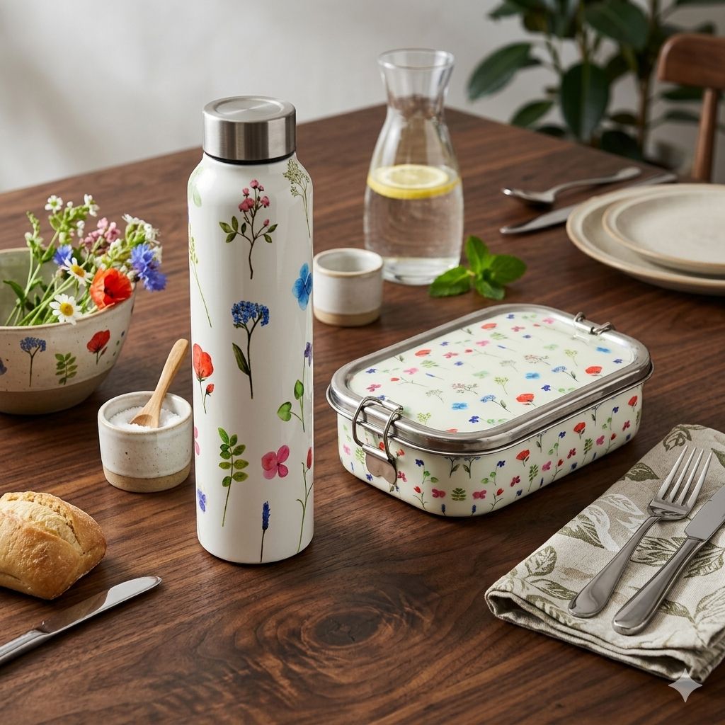 Stainless Steel Lunch Box & Water Bottle (1L) Set