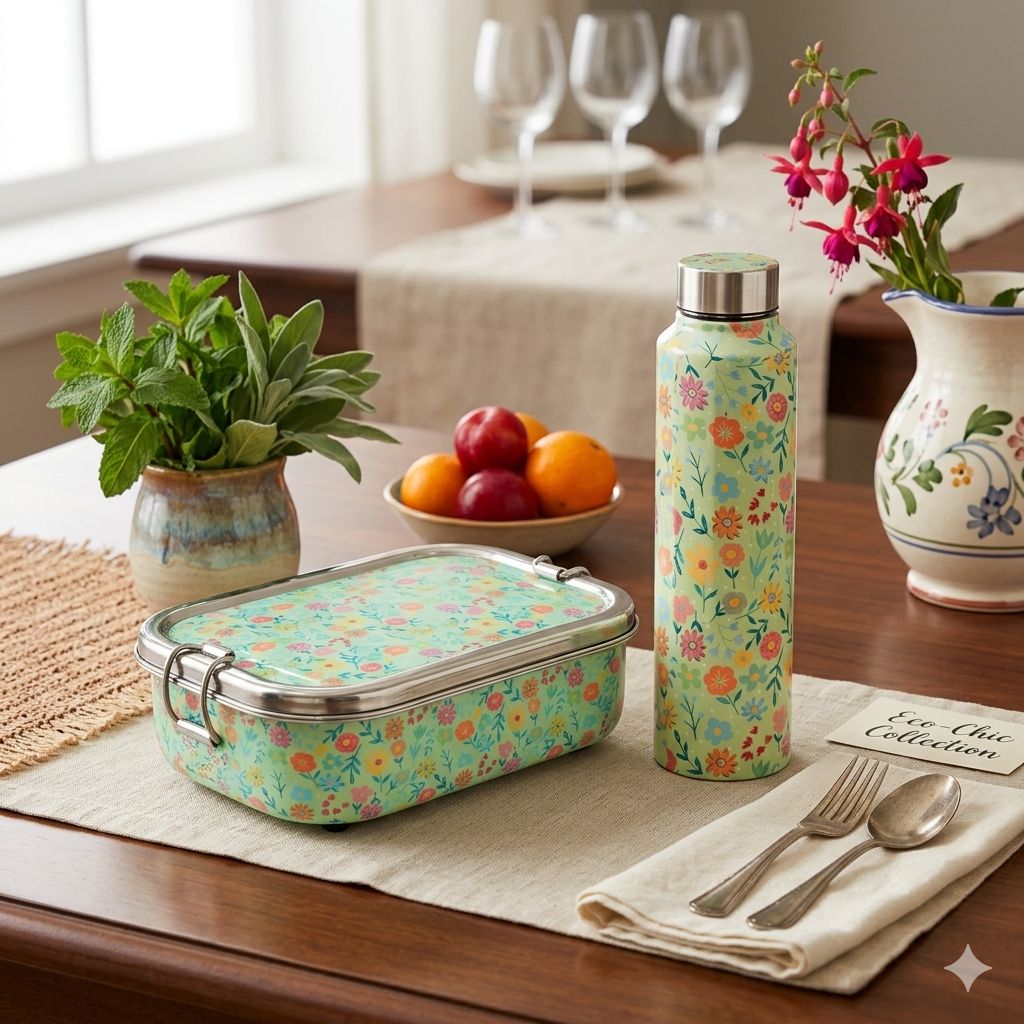 Stainless Steel Lunch Box & Water Bottle (1L) Set