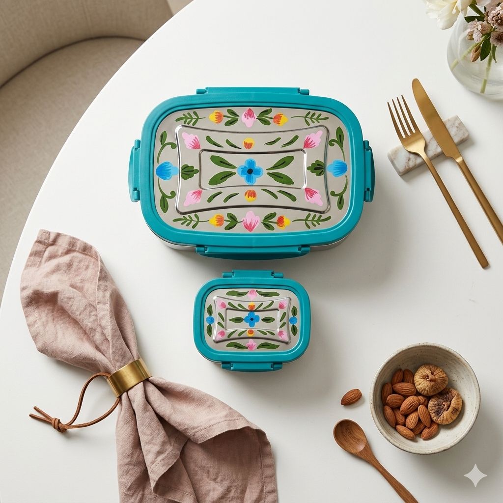 Handpainted Leak Proof Stainless Steel Lunch Box | Floral Printed Bento Tiffin for Kids & Office