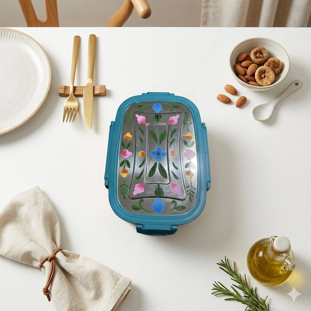 Handpainted Leak Proof Stainless Steel Lunch Box | Floral Printed Bento Tiffin for Kids & Office