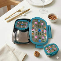 Handpainted Leak Proof Stainless Steel Lunch Box | Floral Printed Bento Tiffin for Kids & Office