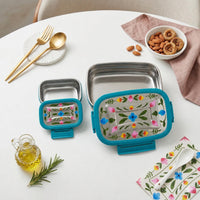 Handpainted Leak Proof Stainless Steel Lunch Box | Floral Printed Bento Tiffin for Kids & Office