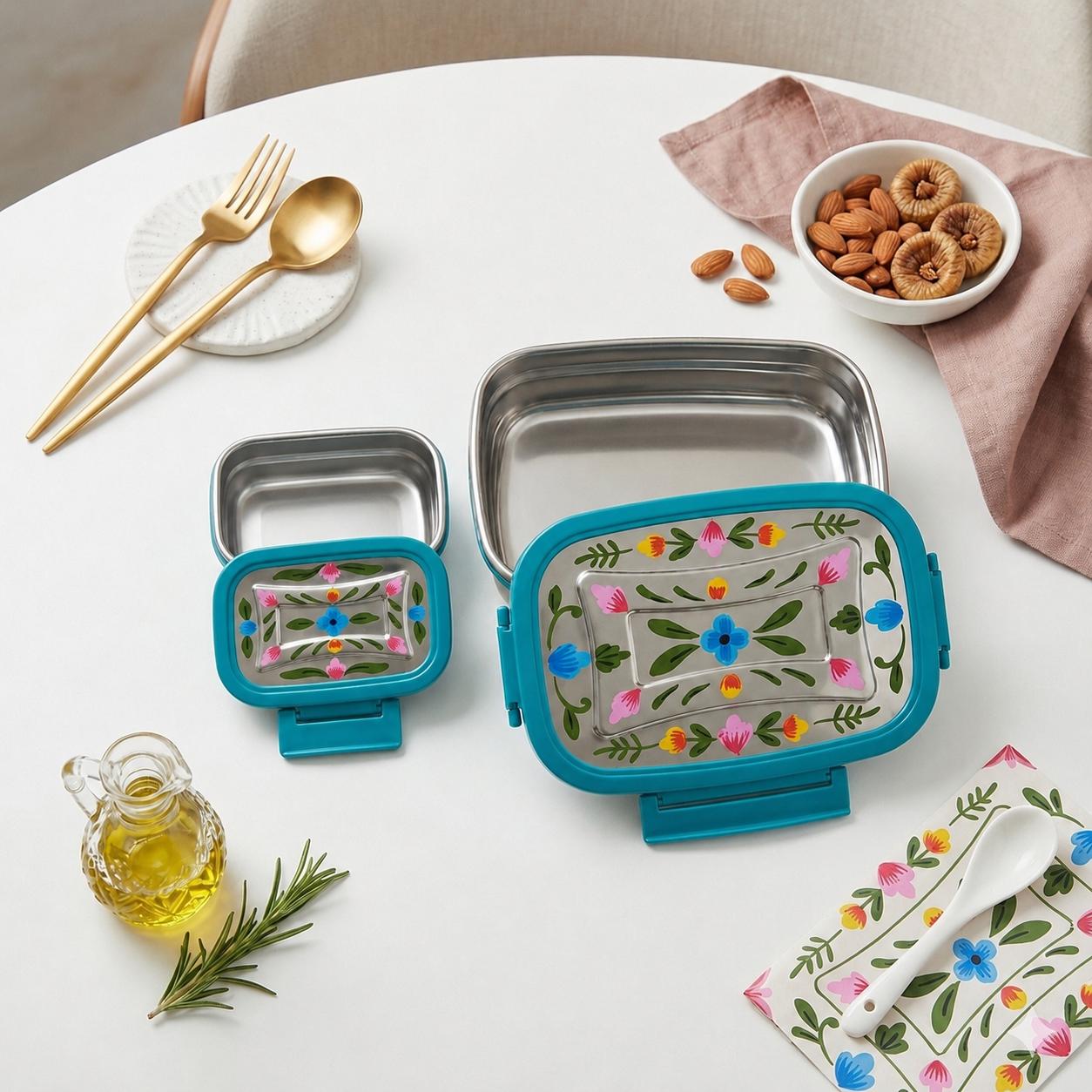 Handpainted Leak Proof Stainless Steel Lunch Box | Floral Printed Bento Tiffin for Kids & Office