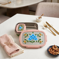 Handpainted Leak Proof Stainless Steel Lunch Box | Floral Printed Bento Tiffin for Kids & Office