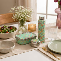 Stainless Steel Lunch Box , Snack Box & Water Bottle (1L) Set- Green Floral