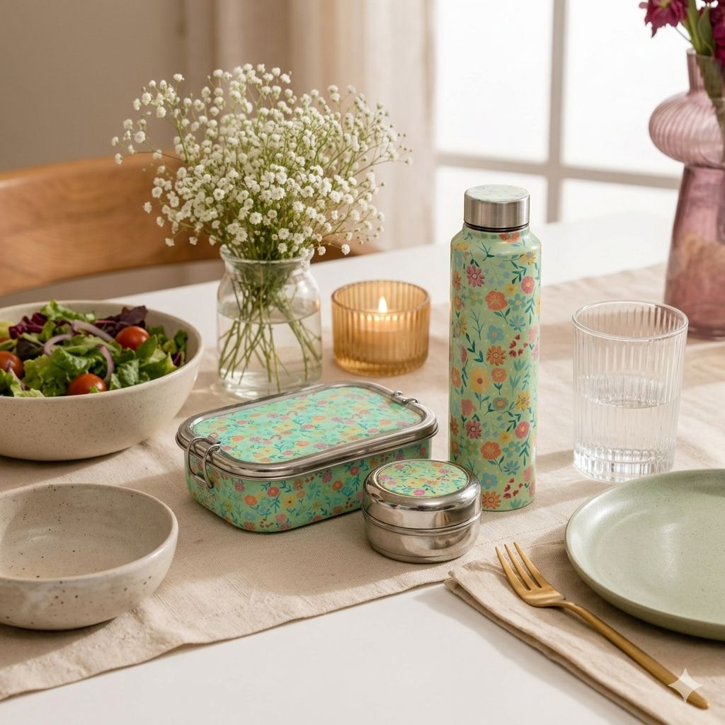 Stainless Steel Lunch Box , Snack Box & Water Bottle (1L) Set- Green Floral