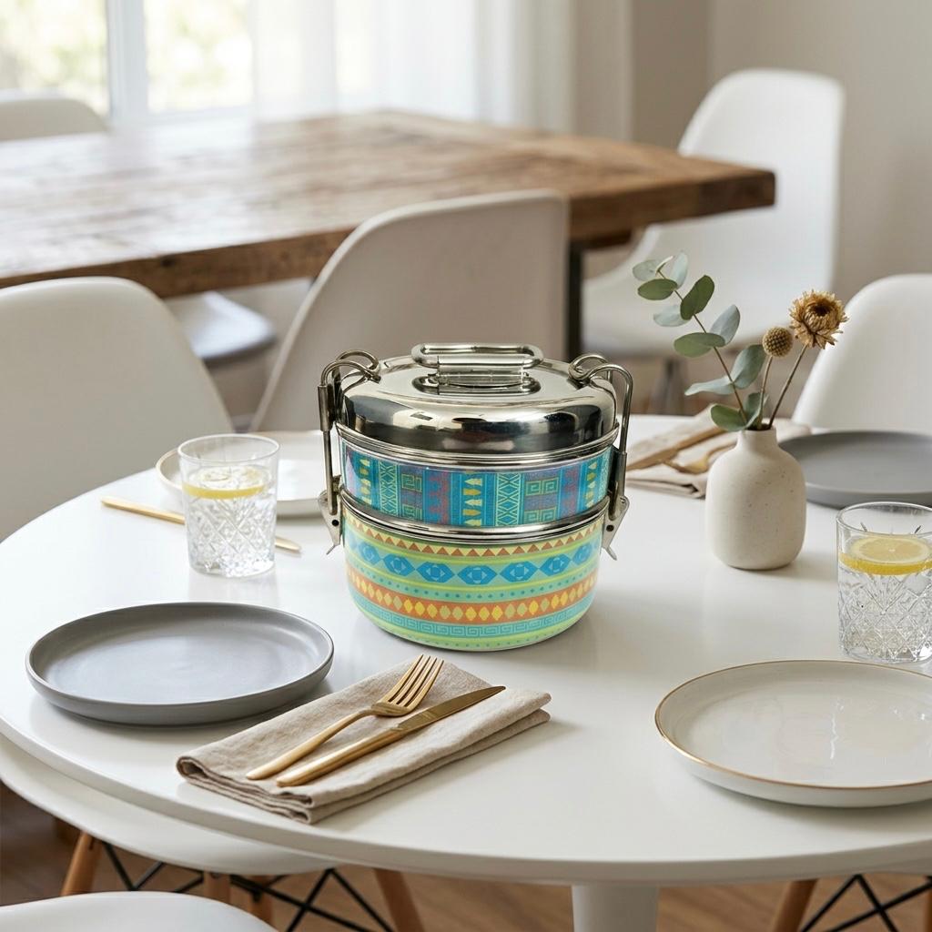 Eco-Friendly Meenakari Stainless Steel Double Layer Lunch Box – Stylish & Durable