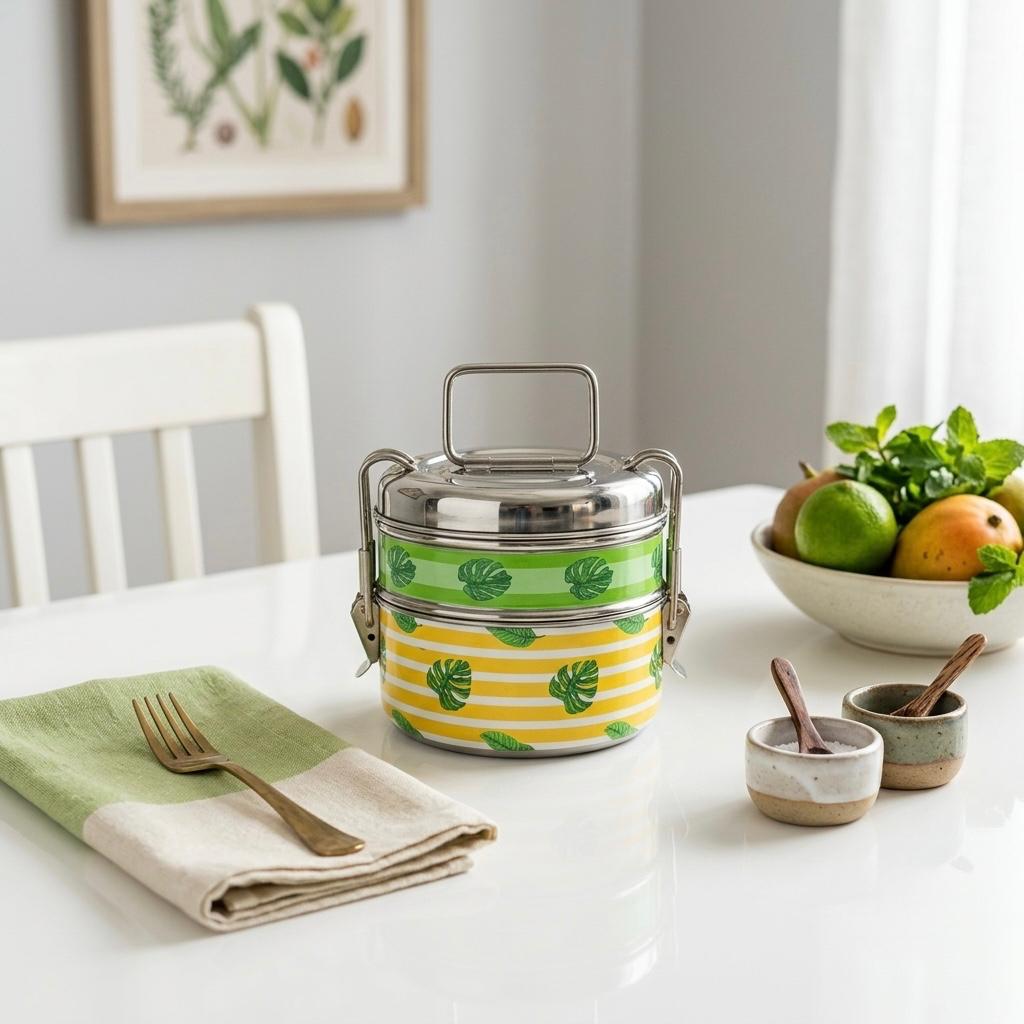 Eco-Friendly Meenakari Stainless Steel Double Layer Lunch Box – Stylish & Durable