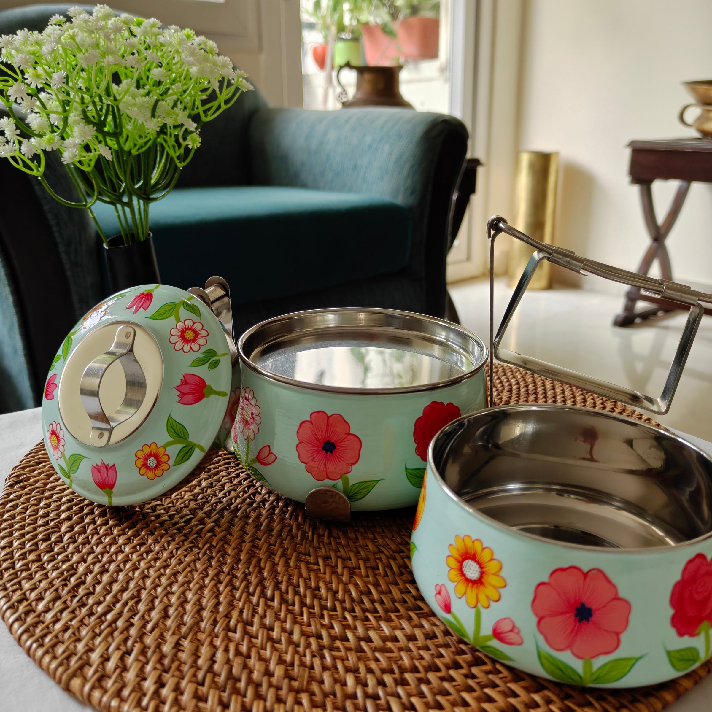 Ethnic Hand Painted Steel Lunch Box – 2 Tier, Sustainable & Reusable