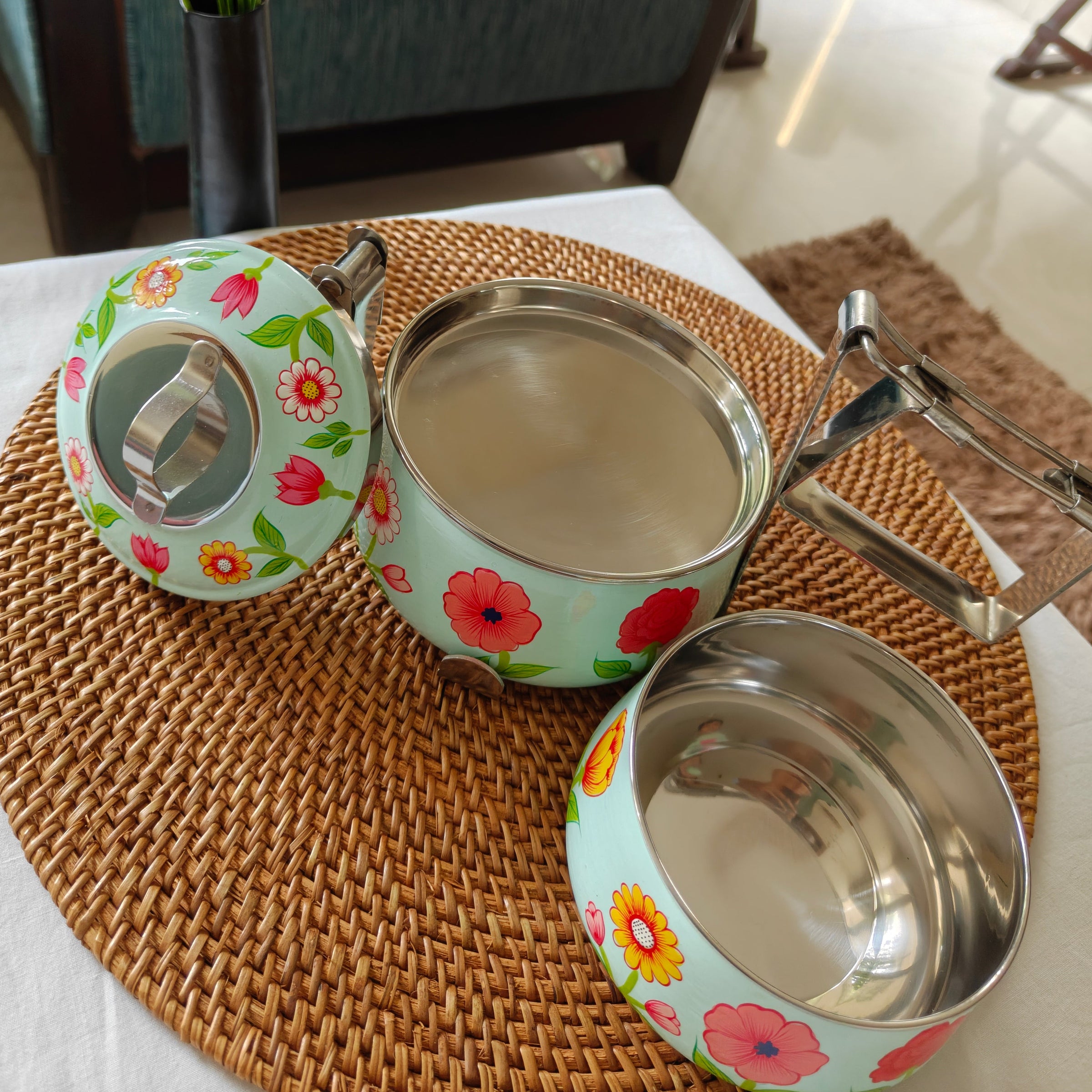 Ethnic Hand Painted Steel Lunch Box – 2 Tier, Sustainable & Reusable