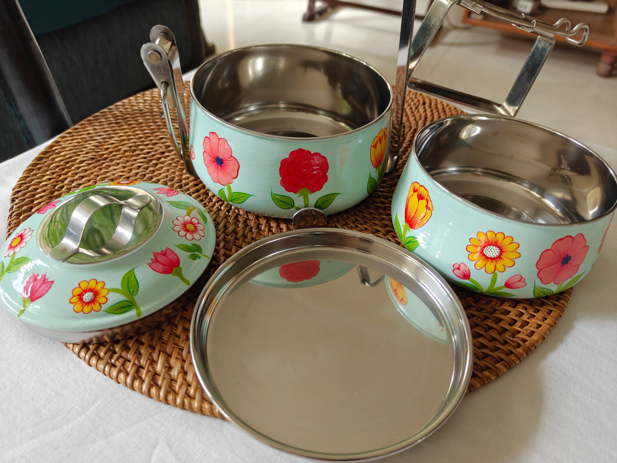 Ethnic Hand Painted Steel Lunch Box – 2 Tier, Sustainable & Reusable