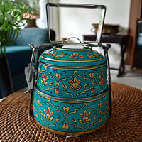 Ethnic Hand Painted Steel Lunch Box – 2 Tier, Sustainable & Reusable