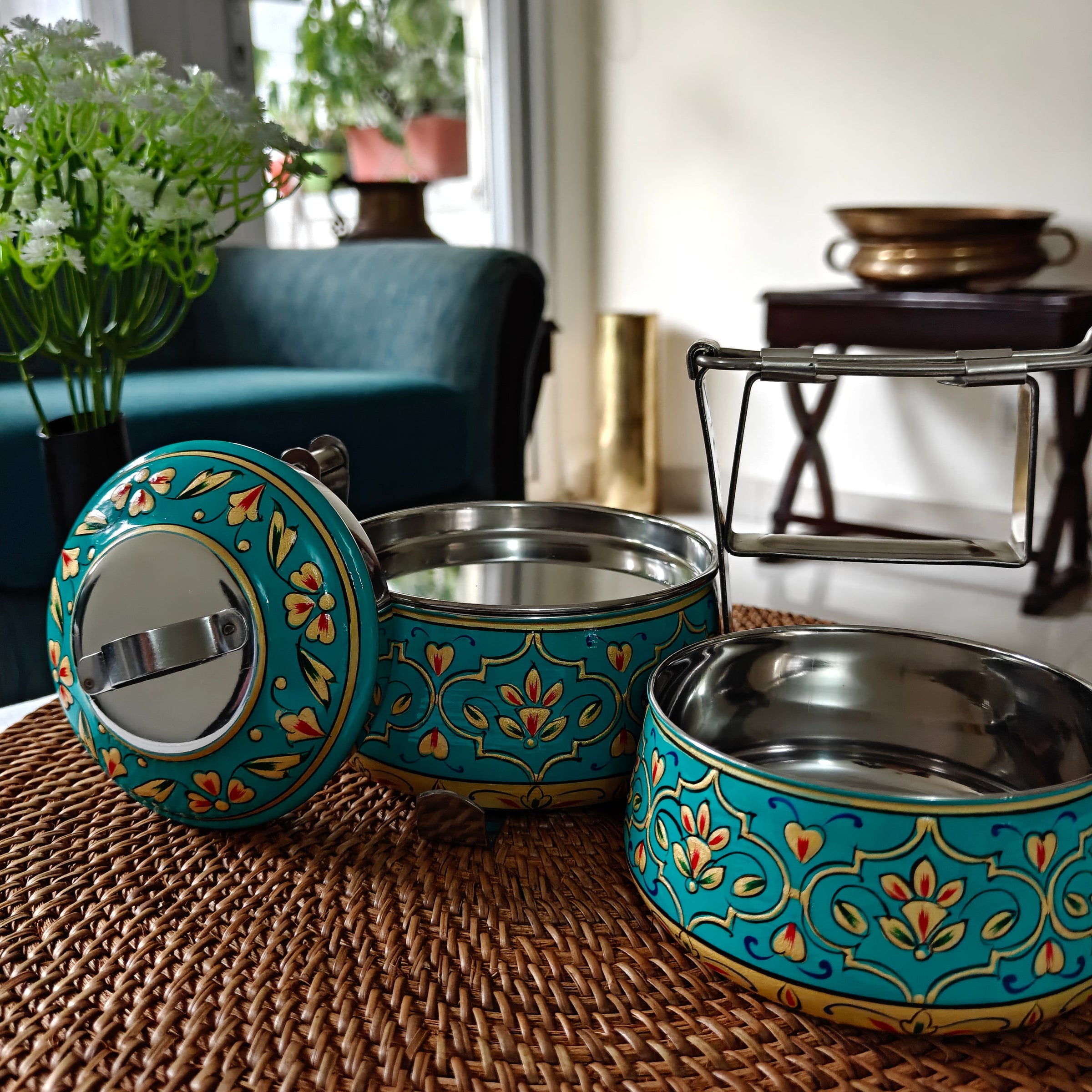 Ethnic Hand Painted Steel Lunch Box – 2 Tier, Sustainable & Reusable