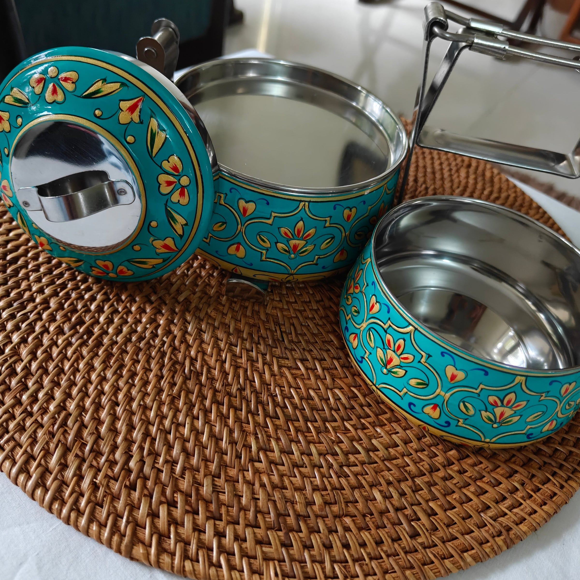 Ethnic Hand Painted Steel Lunch Box – 2 Tier, Sustainable & Reusable