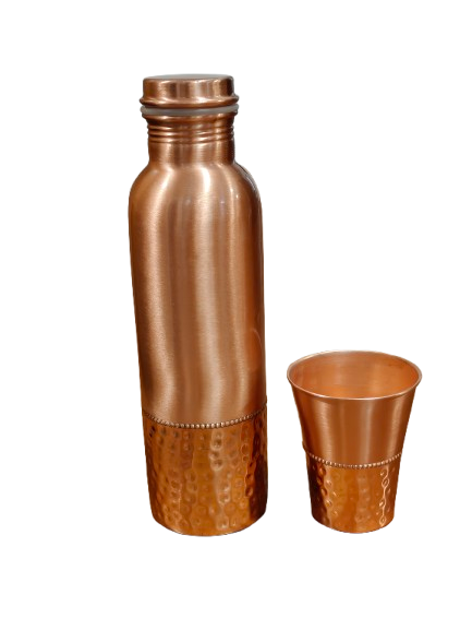 Pure Copper Water Bottle with 1 Glass – Ayurvedic Drinking Set for Health & Wellness