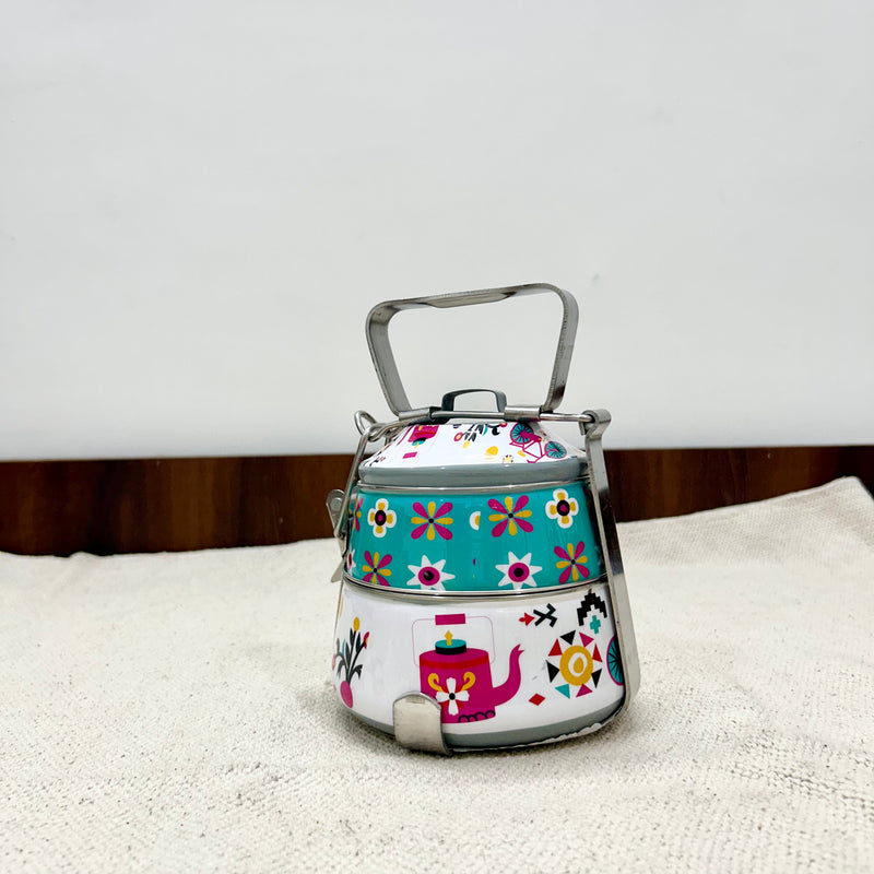 Ethnic Enamelware Steel Lunch Box – 2 Tier, Sustainable & Reusable