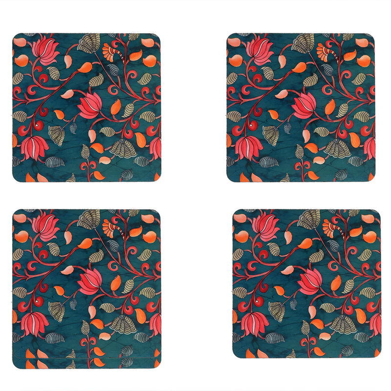 Elegant Kalamkari Print MDF Coaster – Stylish & Durable Design(Set of 4)