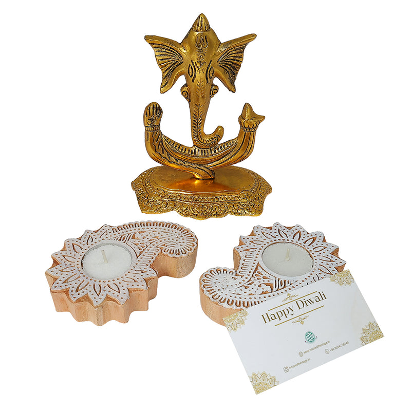 Trishul Ganesh & Wooden Diya Gift (Set of 10)